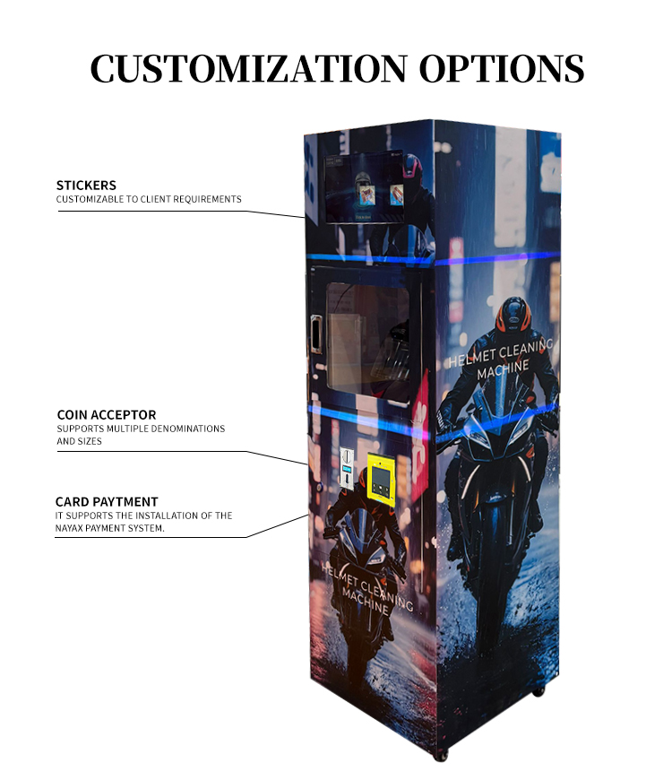 Helmet cleaning vending machine with ion purification feature