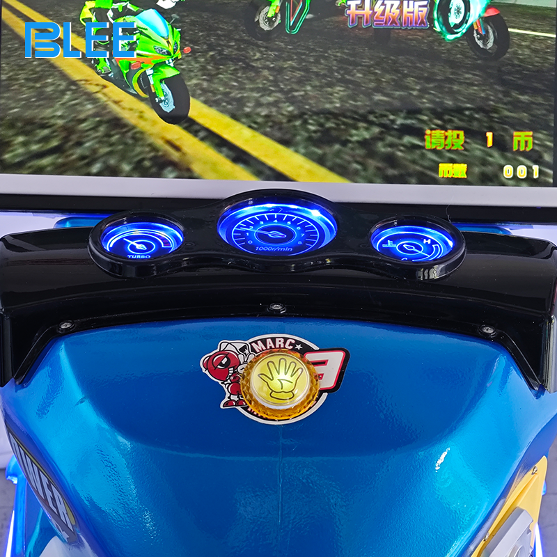 Child happily riding electric motorcycle kiddie ride