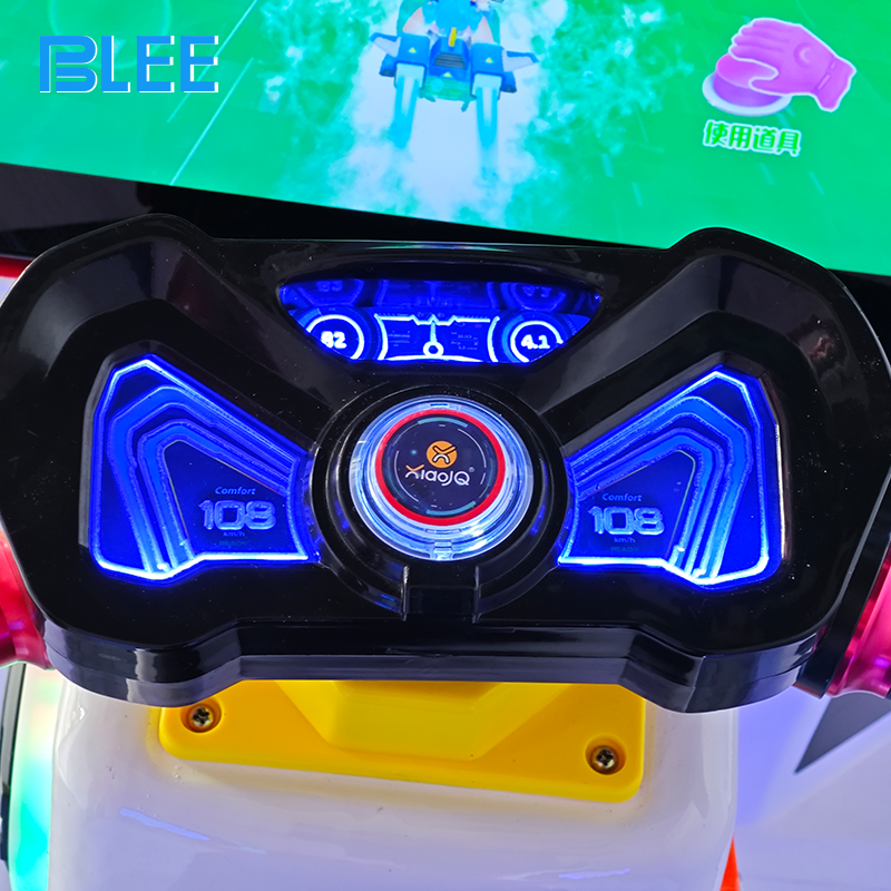 Colorful motorcycle kiddie ride with LED lights