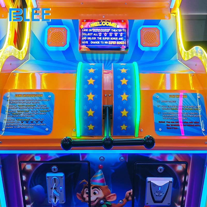 amusement game machine with big spinning wheel and flashing lights