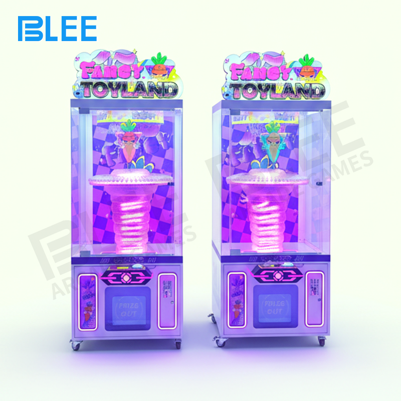 arcade crane game BLEE Lucky Claw machine full front view with colorful LED lighting