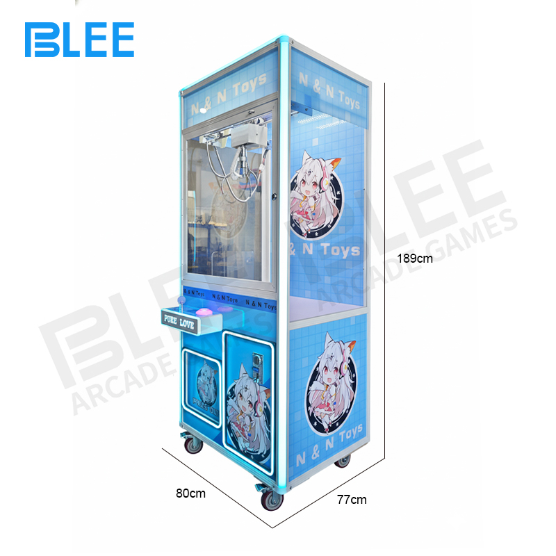 Complete front view of BLEE Wooden Crate Claw Arcade with custom brand graphics applied