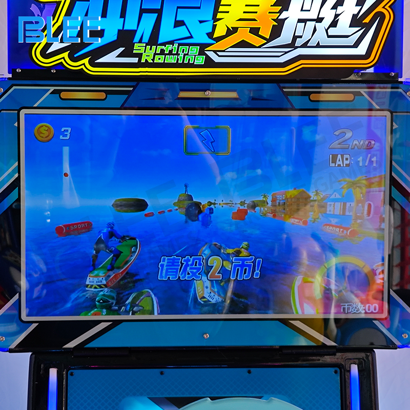 Player Riding BLEE Surf Racing Game Machine