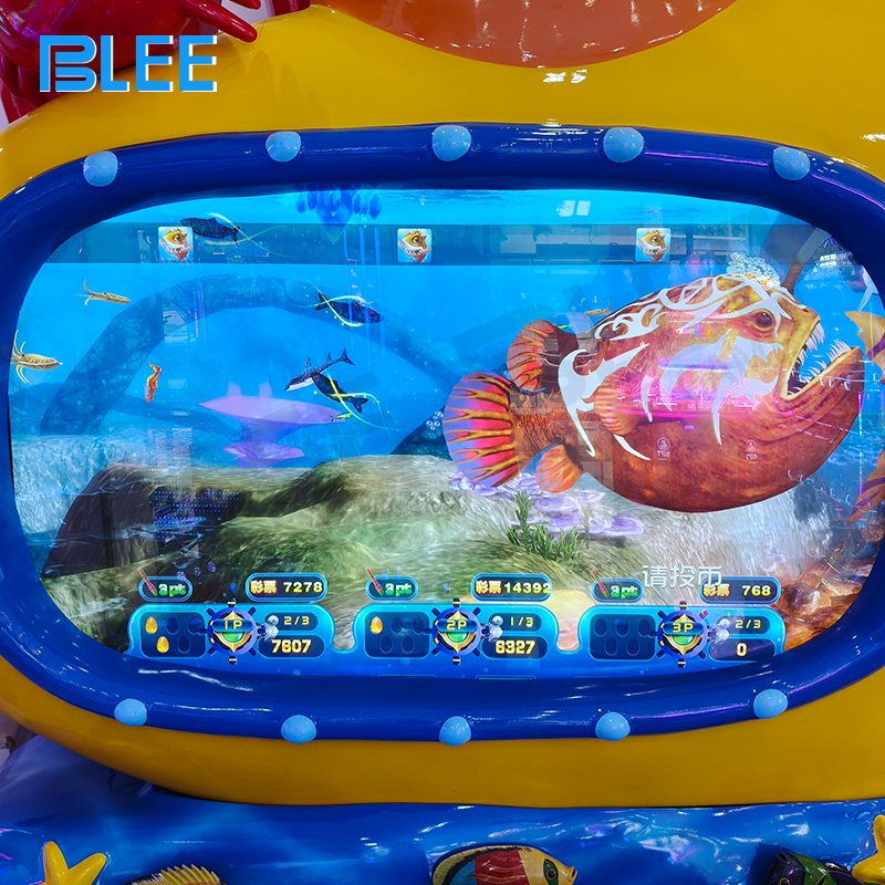 Six players simultaneously engaged in interactive 3D fishing gameplay