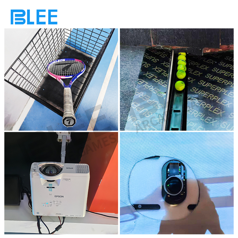 Player engaged in realistic tennis match against AI opponent on projection screen