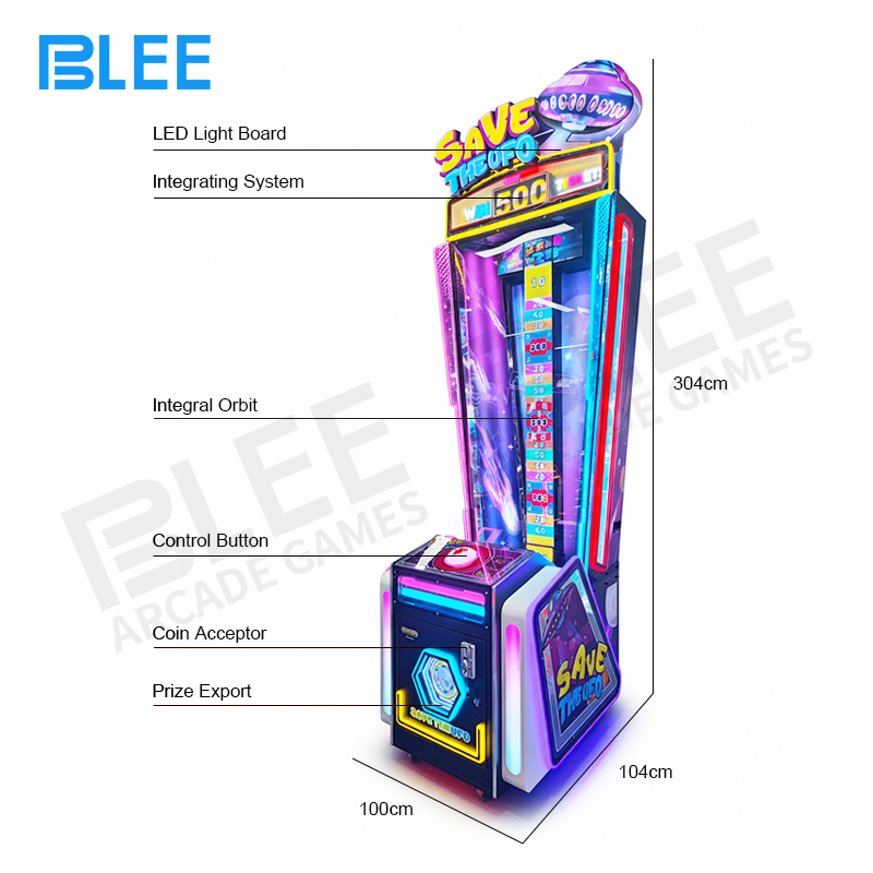 Full front view of BLEE UFO Rescue showcasing UFO-themed cabinet with illuminated top lightbox and prize display