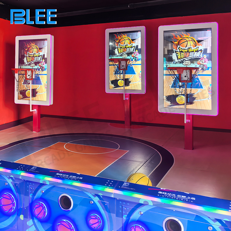 basketball training system Full setup view of BLEE Interactive Basketball showcasing 47-inch HD display, steel-wood frame, and professional basketball hoop