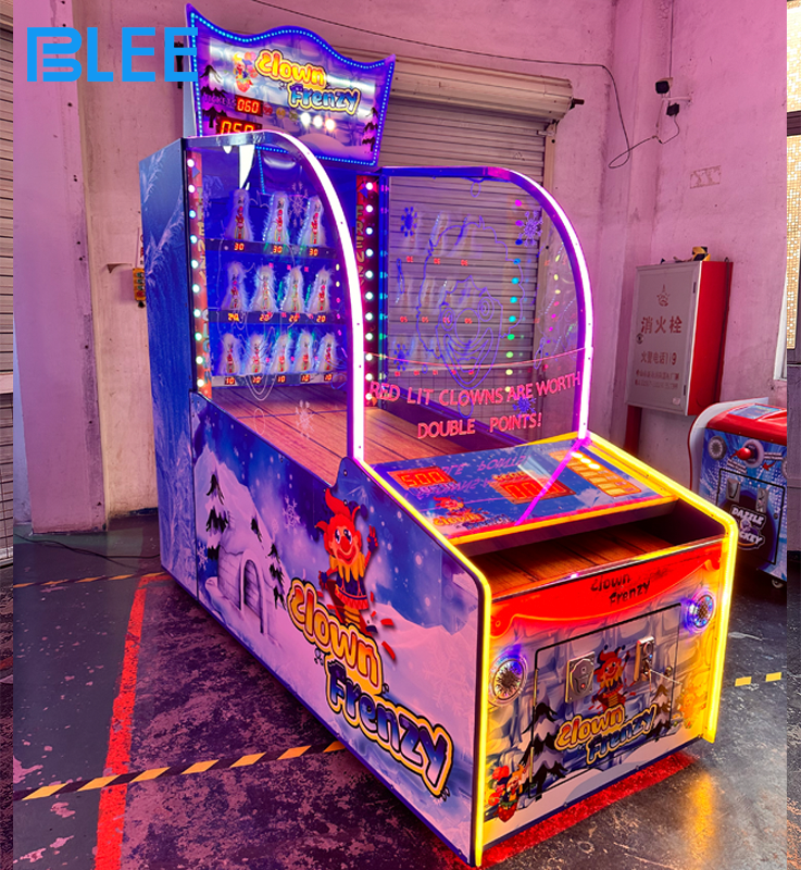 Front view of the BLEE Crazy Clown 2nd Generation arcade ticket redemption machine in a vibrant arcade setting.