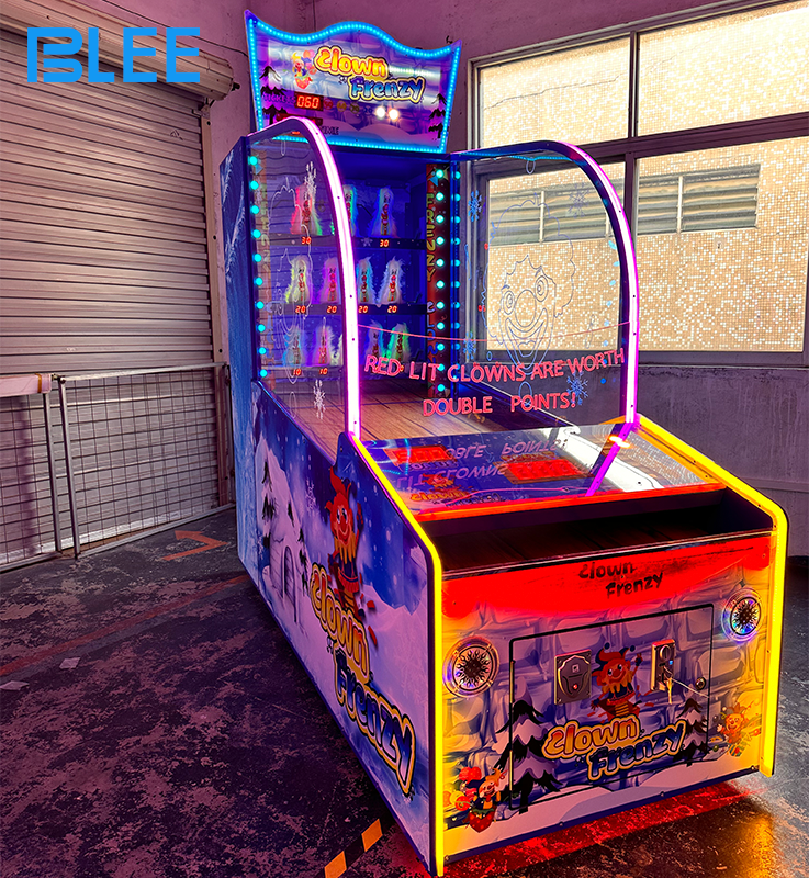 Close-up of the dynamic, colorful Crazy Clown game interface and LED button panel attracting players.