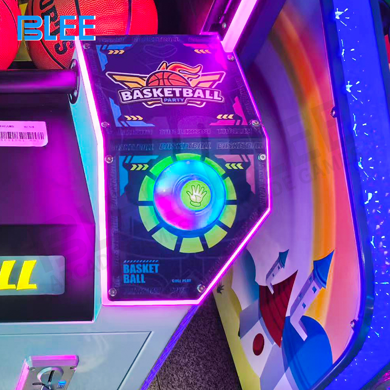 Child actively shooting basketballs with real-time score tracking on bright LED panel