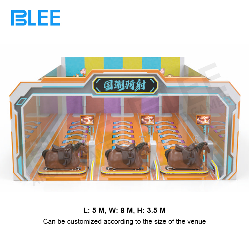 Player on fiberglass rocking horse practicing traditional archery stance with recurve bow