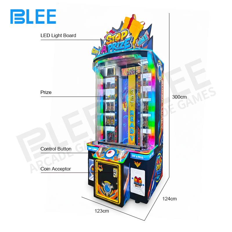 Front view of BLEE Prize Drop Pro showcasing sleek vertical cabinet with multi-color prize zone illumination