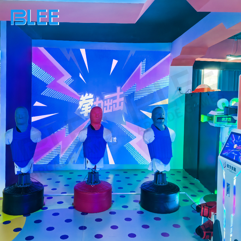 interactive boxing simulator Safety demonstration showing proper glove usage and target striking techniques