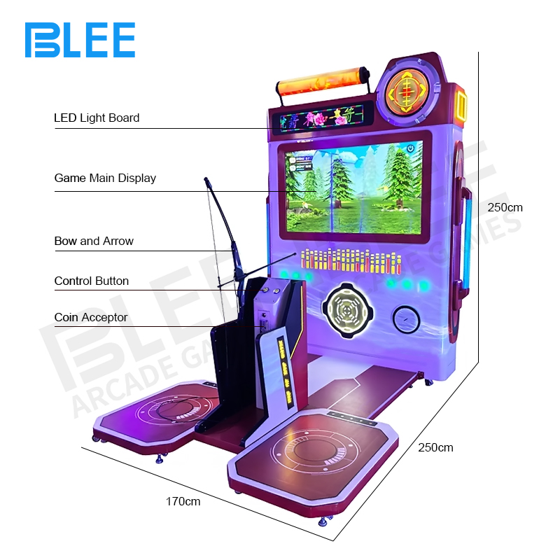 Complete BLEE Focus Archer cabinet installation measuring 2.5x1.7x2.5 meters with multi-color illumination