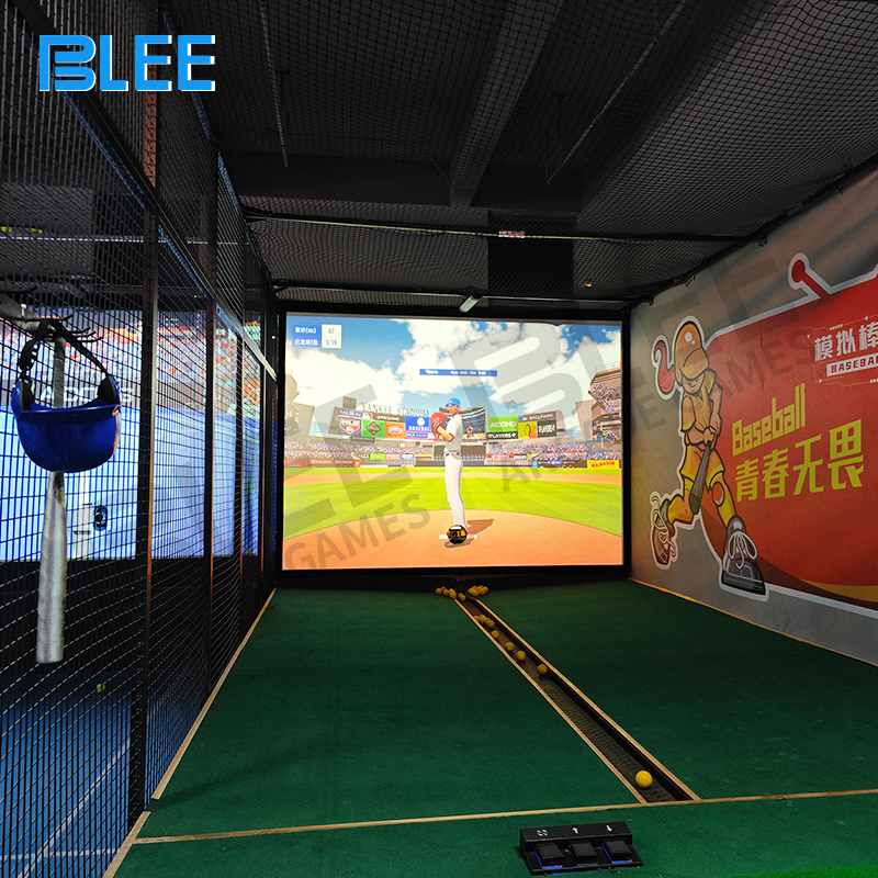 pro batting arena Batter in professional stance facing realistic pitching simulation on large projection
