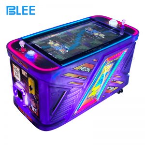 Dual display screens rendering vibrant battlefield environments with neon tank graphics