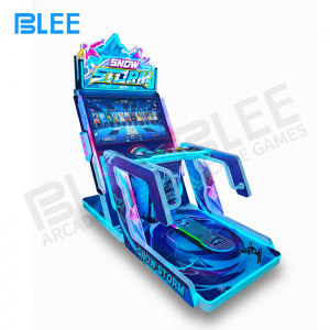 Player navigating icy mountain pass on 47-inch winter racing display