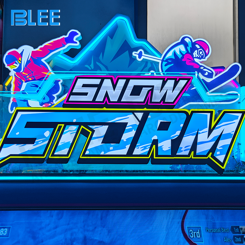 Winter-themed cabinet graphics with snowflake and mountain motifs