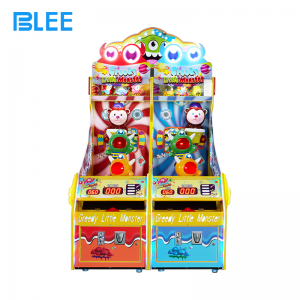 Complete front view of BLEE Greedy Little Monsters arcade machine displaying vibrant monster theme artwork and colorful cabinet design