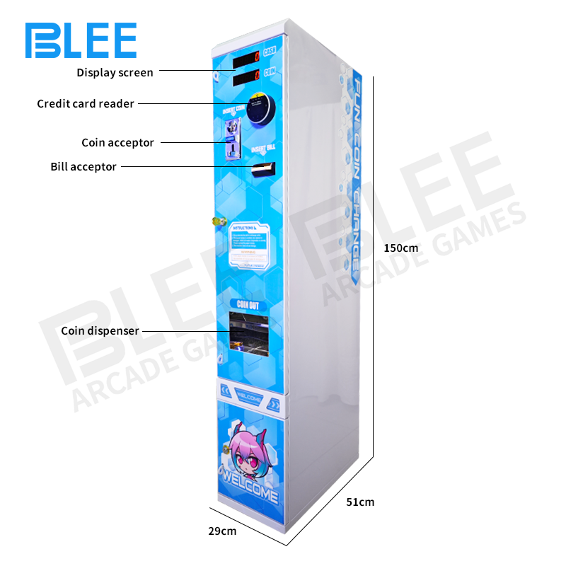 Front-facing view of the BLEE YY2 Compact Token Dispenser showcasing its slim, modern design.