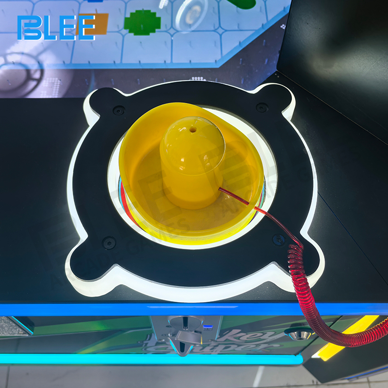 The game as a centerpiece in a dimly lit arcade, with its lights attracting a crowd.