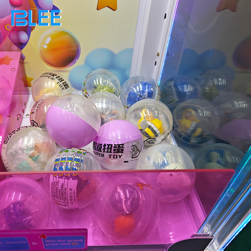 Interior view of the prize compartment filled with plush toys and assorted gifts.