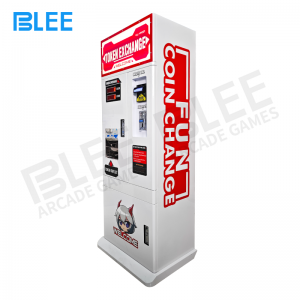 BLEE Double-Door Self-Service Token Dispenser installed in a modern arcade near game machines.