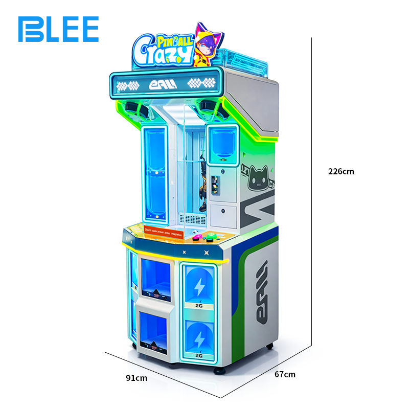 BLEE Crazy Pinball Redemption Machine with striking 226cm vertical cabinet prominently displayed in a modern arcade.