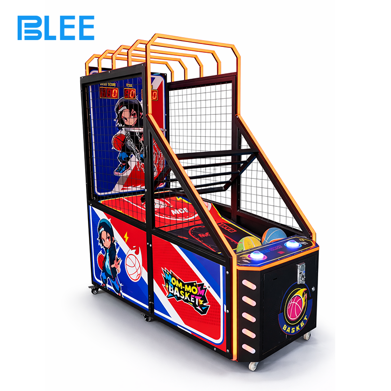 basketball for kids BLEE Kids Basketball Challenge machine with vibrant, child-friendly graphics prominently displayed in a family entertainment center.