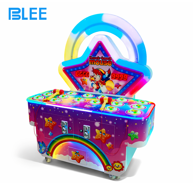 cheerful music arcade BLEE Star Knock Mouse Whack Game with dazzling LED lighting and vibrant graphics featured in a bustling family entertainment center.