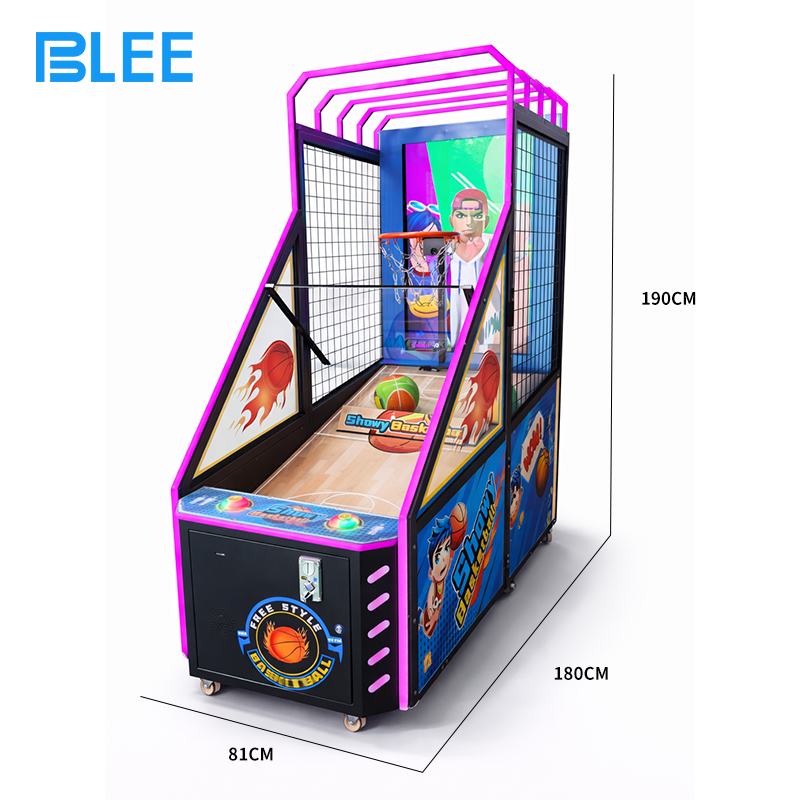 Full front view showcasing the stunning 42-inch LCD screen, child-height basketball hoop, and playful cabinet aesthetics.