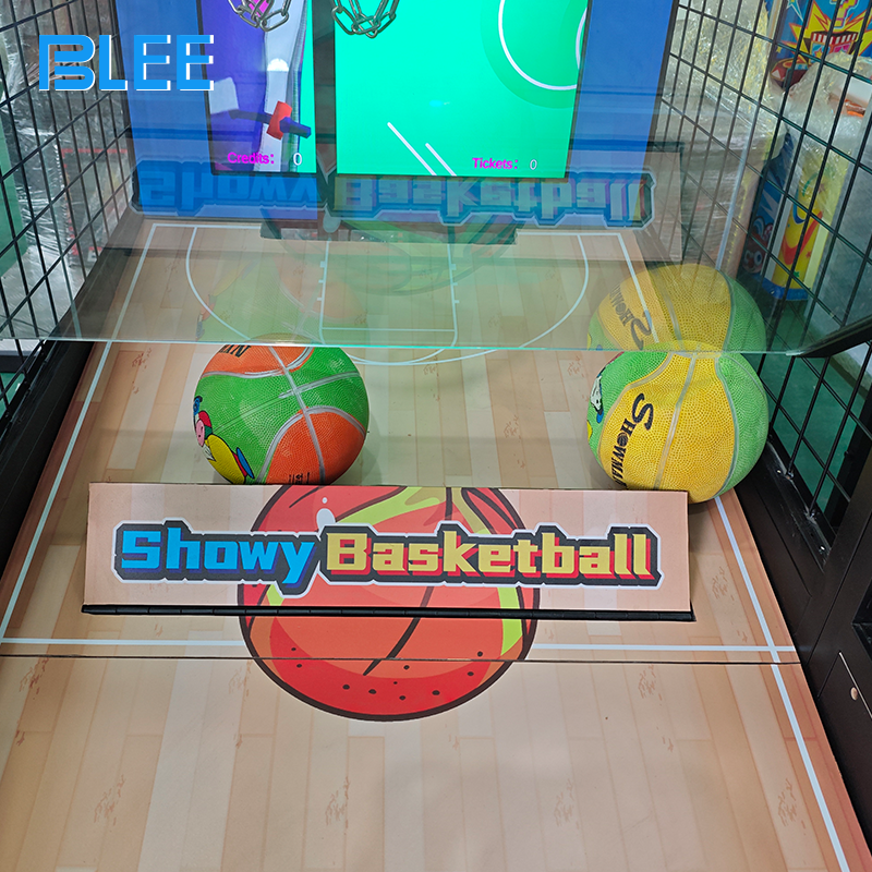 Young child enthusiastically shooting a soft basketball while watching their score animate on the large digital display.