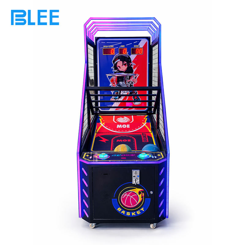 children's arcade game Full front view showcasing the kid-accessible hoop height, colorful LED accents, and playful character designs.