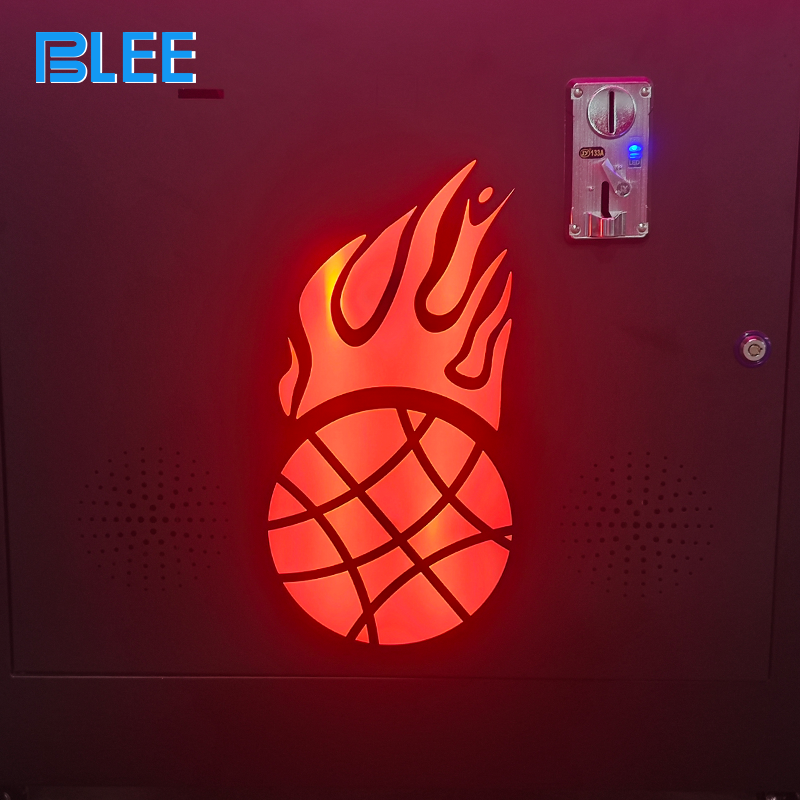 BLEE 55-Inch Video Basketball Challenge machine prominently positioned in a busy family entertainment center.