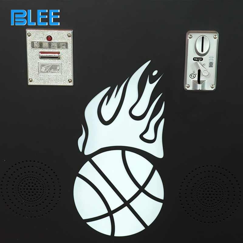 Player in action, shooting a real basketball while watching real-time scores on the high-definition screen.