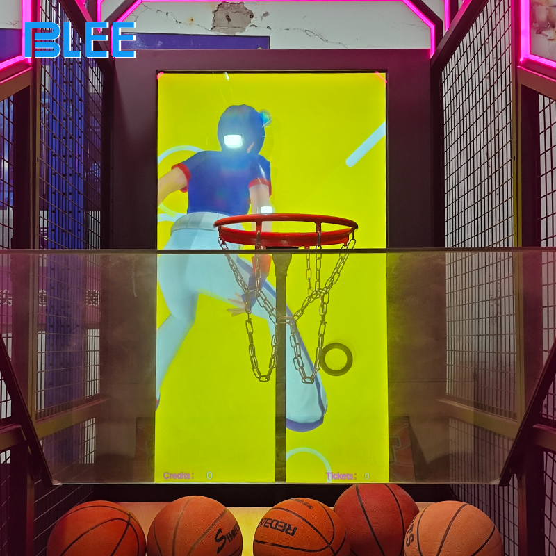 Close-up of the 55-inch display showing dynamic scoring graphics, countdown timer, and player feedback.