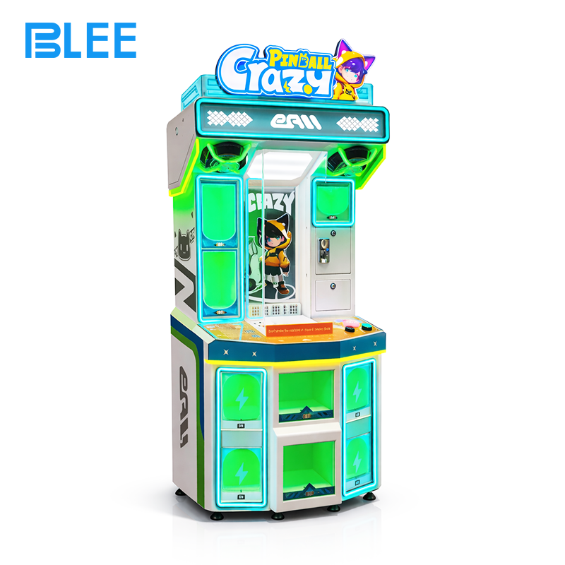 vertical prize game Action shot capturing multiple steel balls ricocheting off bumpers and scoring targets.