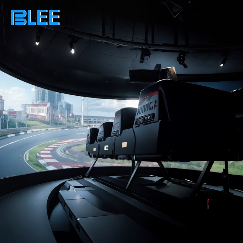 BLEE VR Track Cinema Motion Theater (L9000×W6000×H3200mm, 900KG) with 6M curved screen featured as a centerpiece attraction.