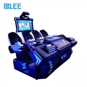 Full front view showcasing the sophisticated black cinema cabin, four Dapeng E3S headsets, motion seats, and 19-inch spectator screen.