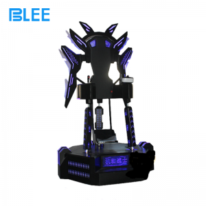 Player standing on the motion platform wearing the Dapeng E3S headset during a moonlit cathedral spire flight.