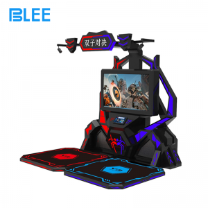 Full front view showcasing two player stations, dual HTC headsets, and single 32-inch display showing both perspectives side by side.