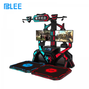 Two players wearing HTC headsets, engaged in an intense sword fighting duel across the spacious virtual arena.
