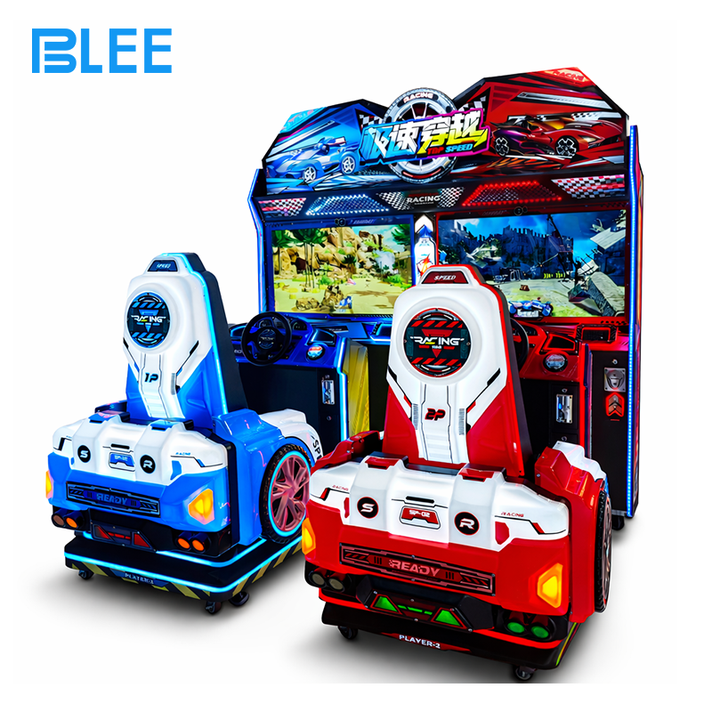2-player competitive racer BLEE Speed Rush Pneumatic Racing Arcade with massive 2350mm cabinet featured as a centerpiece in a premier racing zone.