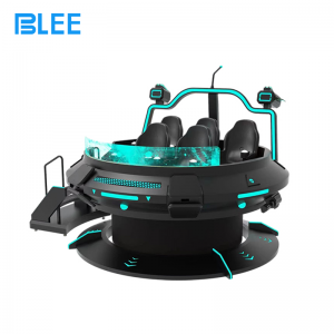 Full front view showcasing the circular UFO design, five seats, five Dapeng E3S headsets, and 19-inch spectator screen.