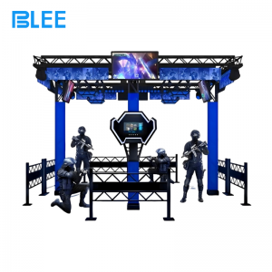 Four players moving freely inside the arena wearing HTC headsets during an intense team deathmatch battle.