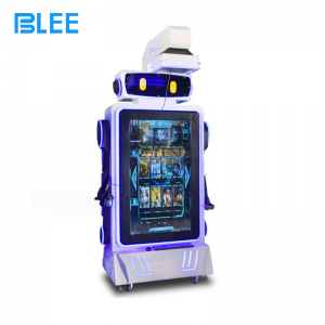 Full front view showcasing the professional HTC headset, spacious standing platform, and huge 55-inch spectator screen.