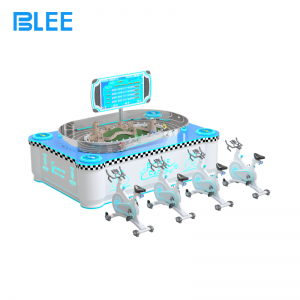BLEE VR Competitive Cycling Sandbox (machine: L2300×W1600×H1700mm) with four networked bikes featured in an active esports arena.