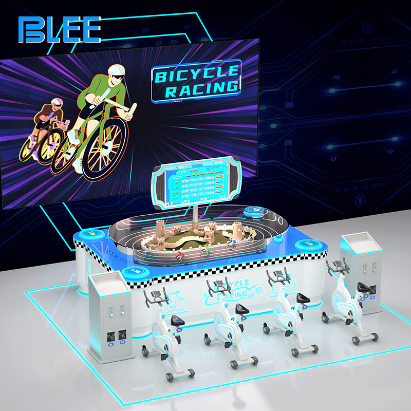 Birds-eye view on spectator screen showing four colored dots racing through a virtual city circuit