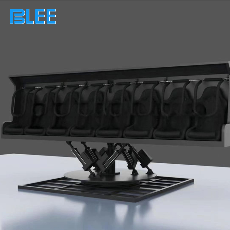 Close-up of the suspended motion seat mechanism showing high-torque actuators and safety harness system.