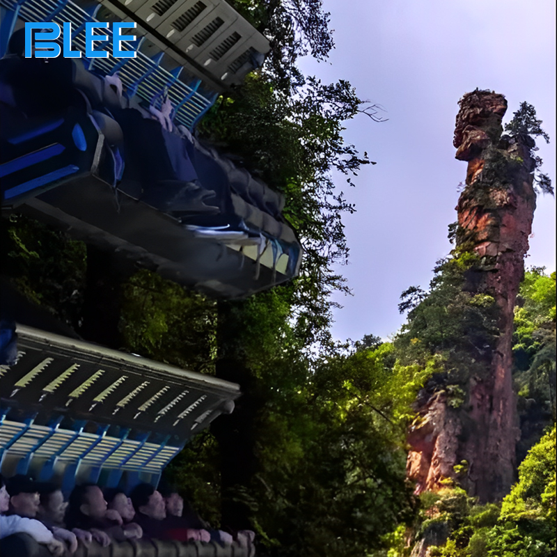 Spectators gathered below watching as ten seats soar and dip in perfect synchronization with on-screen aerial action.